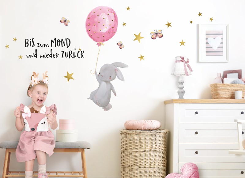 Little Deco Wandtattoo Hase mit Luftballon Rosa &amp; Spruch Bis zum Mond DL239
