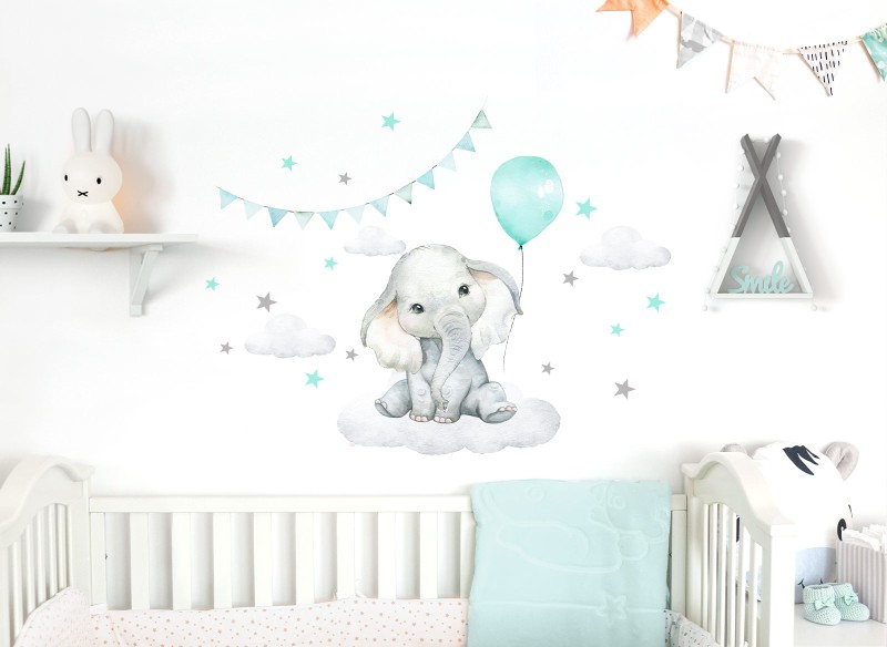 Little Deco Wandtattoo Elefant mit Luftballon mint &amp; Sterne DL683