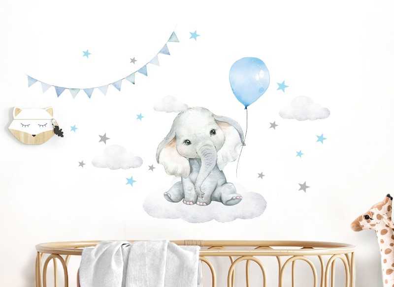 Little Deco Wandtattoo Elefant mit Luftballon blau &amp; Sterne DL684