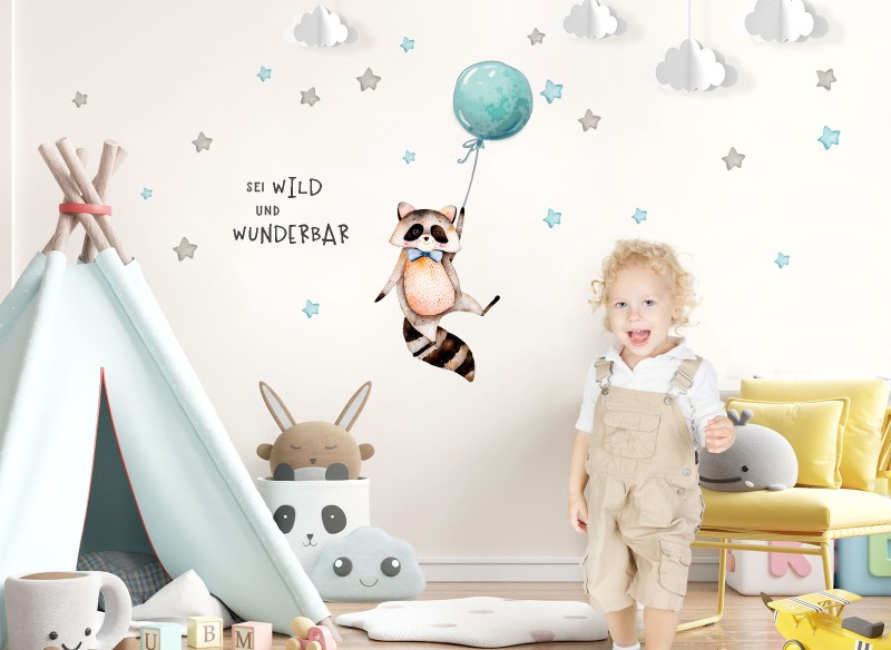Little Deco Wandtattoo Sei wild & Waschbär mit Luftballon DL324 | Tiere |  Jungen | Baby