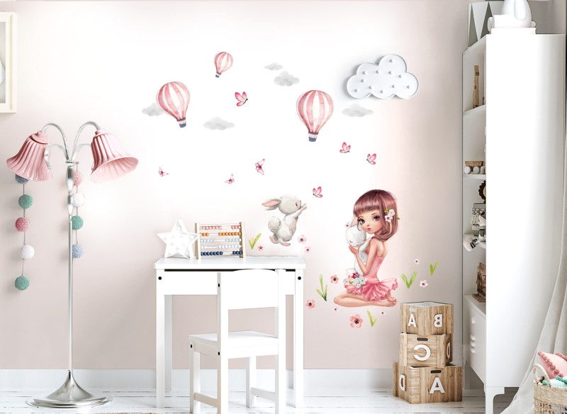 Little Deco Wandtattoo Mädchen mit Hasen &amp; Heißluftballons DL689