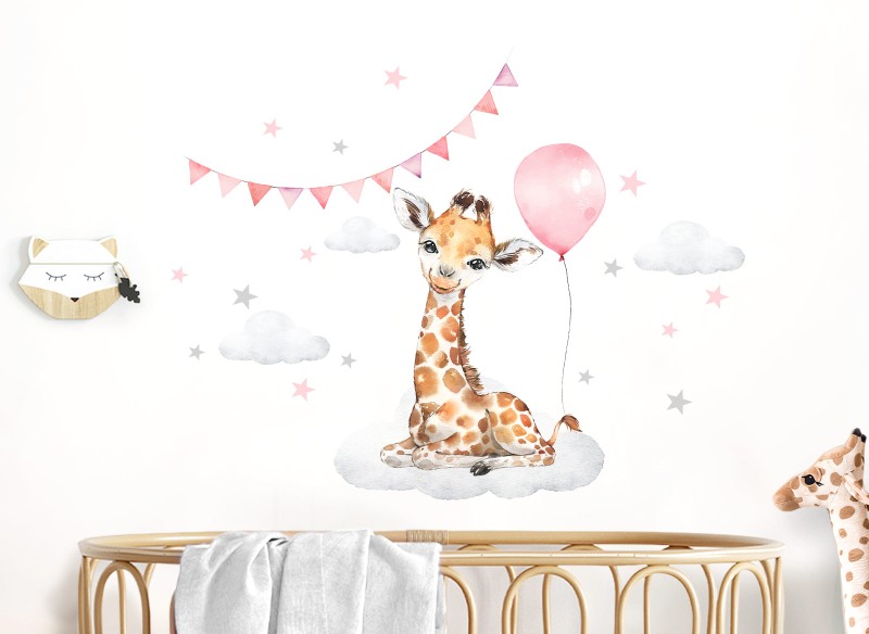 Little Deco Wandtattoo Giraffe mit Luftballon rosa &amp; Sterne DL681