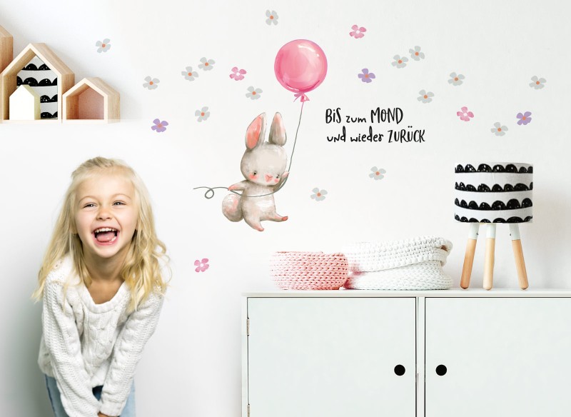 Little Deco Wandtattoo Hase mit Luftballon Rosa &amp; Spruch Bis zum Mond DL228