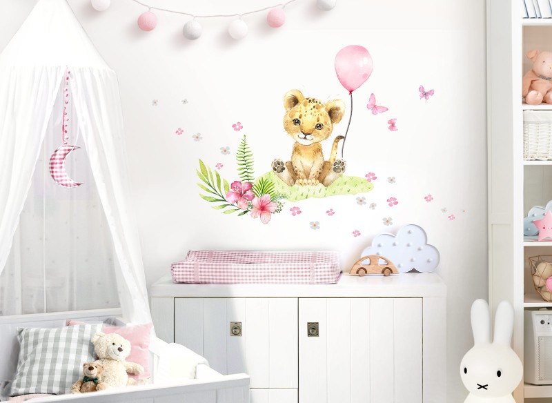 Little Deco Wandtattoo Löwe Blumen &amp; rosa Luftballon DL693