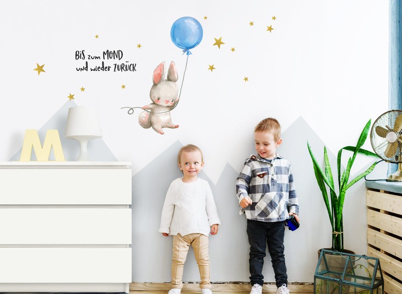 Little Deco Wandtattoo Hase mit Luftballon Blau &amp; Spruch Bis zum Mond DL229