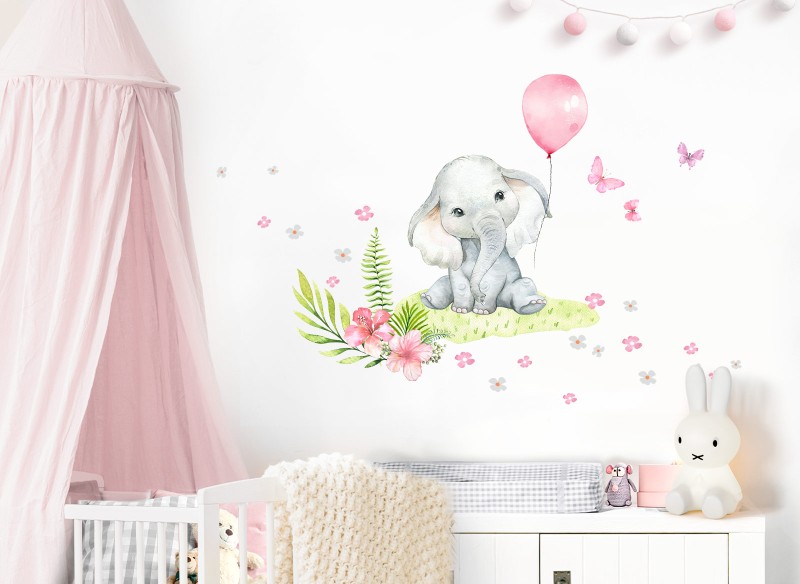 Little Deco Wandtattoo Elefant Blumen &amp; rosa Luftballon DL694