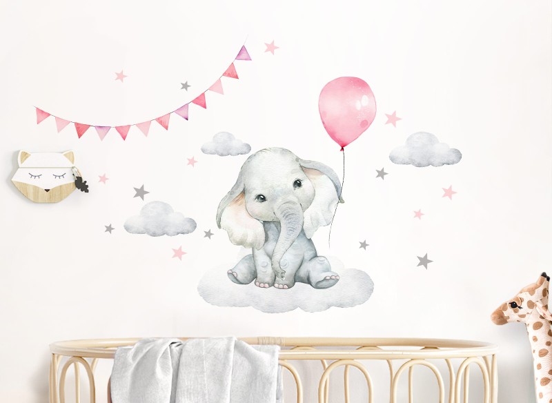 Little Deco Wandtattoo Elefant mit Luftballon rosa &amp; Sterne DL682