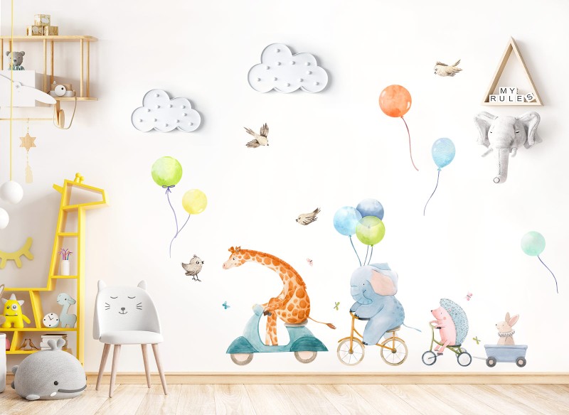 Little Deco Wandtattoo Tiere mit Ballons Roller und Fahrrad DL821