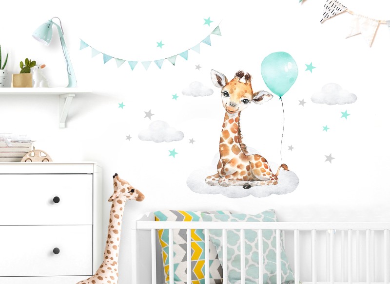 Little Deco Wandtattoo Giraffe mit Luftballon mint &amp; Sterne DL680